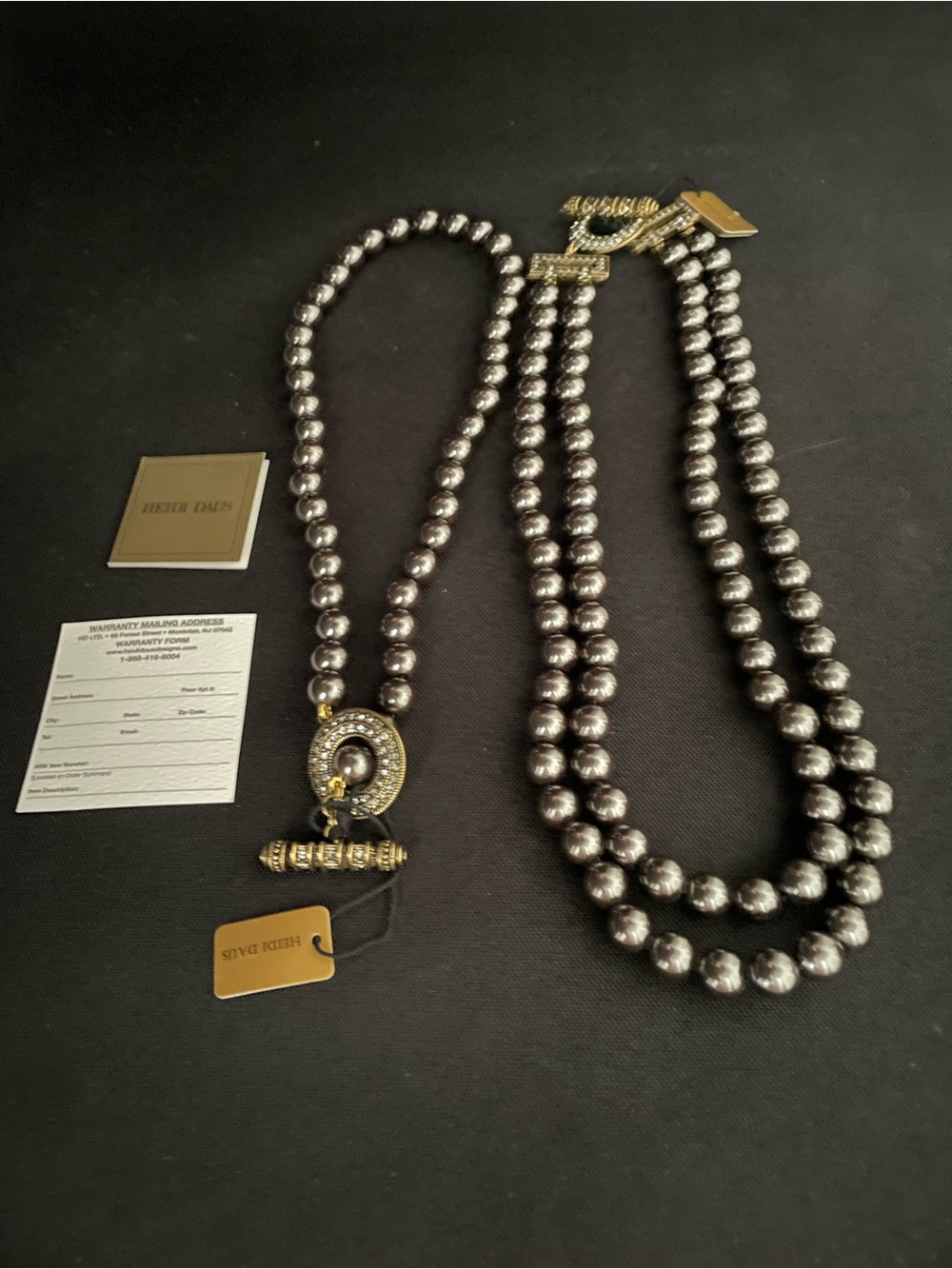 NWT Heidi Daus two Neckkace Set. Gray faux pearls, antique, gold, toggles